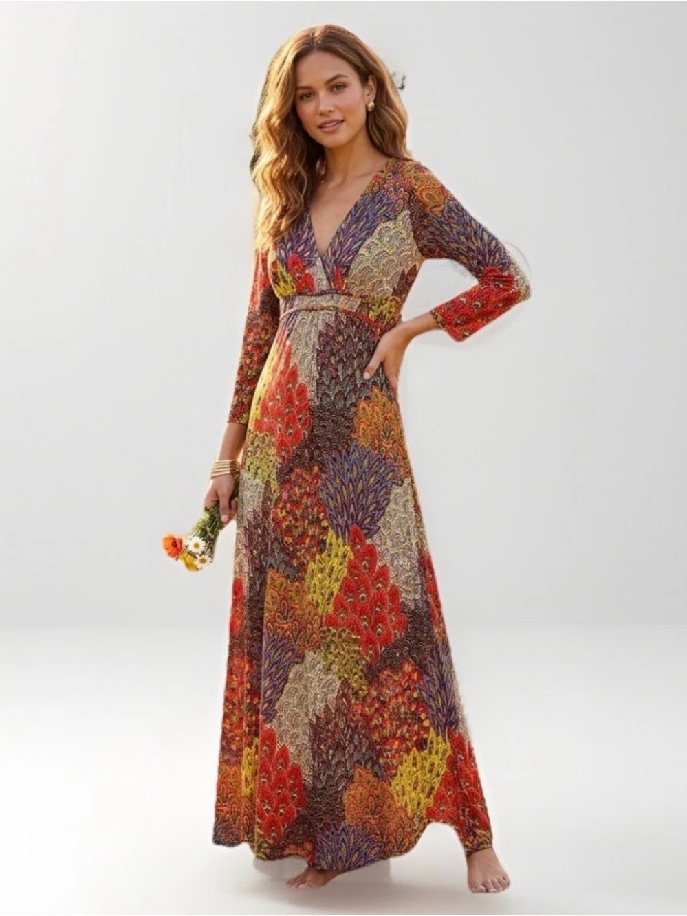 Colorful Anthropology Raindrops By Papillion Maxi Dress boho feathers Stretch L